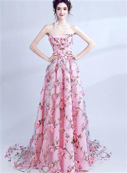 Picture of PinK Floral Sweetheart A-line Long Party Dresses Formal Dresses, Pink Lace Flowers Evening Dress